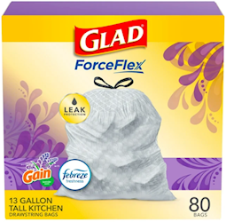 Glad ForceFlex Drawstring Kitchen Trash Bags – 13 Gallon Case of 80