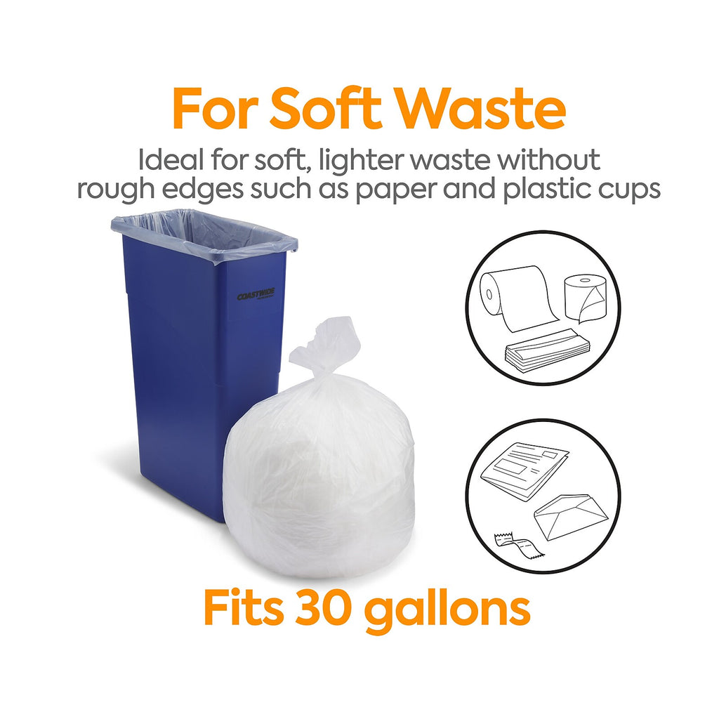 Coastwide Professional 30 Gallon Natural Trash Bags, 8 micron, 500/Case – CW57407 — receptacle fit and waste suitability