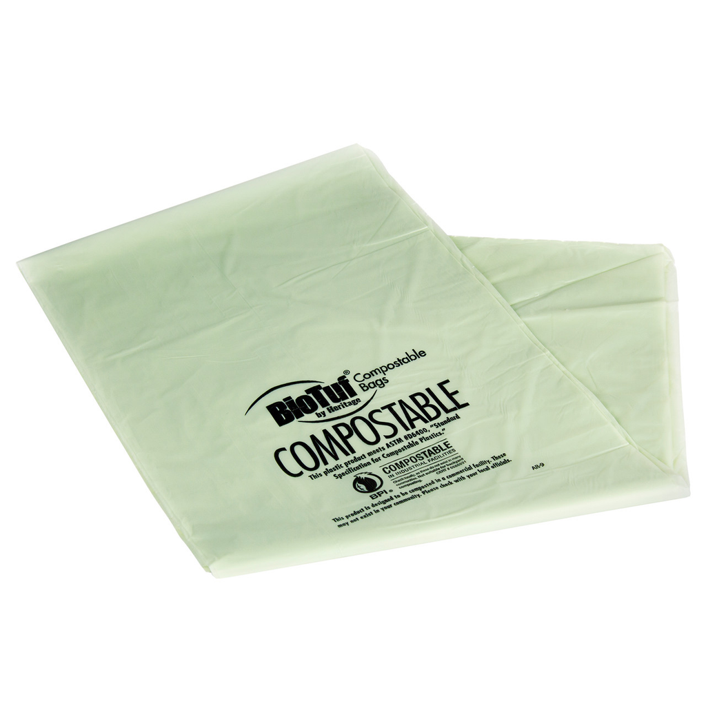 BioTuf Green Compostable Can Liners, 20–30 gal, 0.88 mil – 150 Bags/Case — manufacturer photo of folded green BioTuf compostable liners