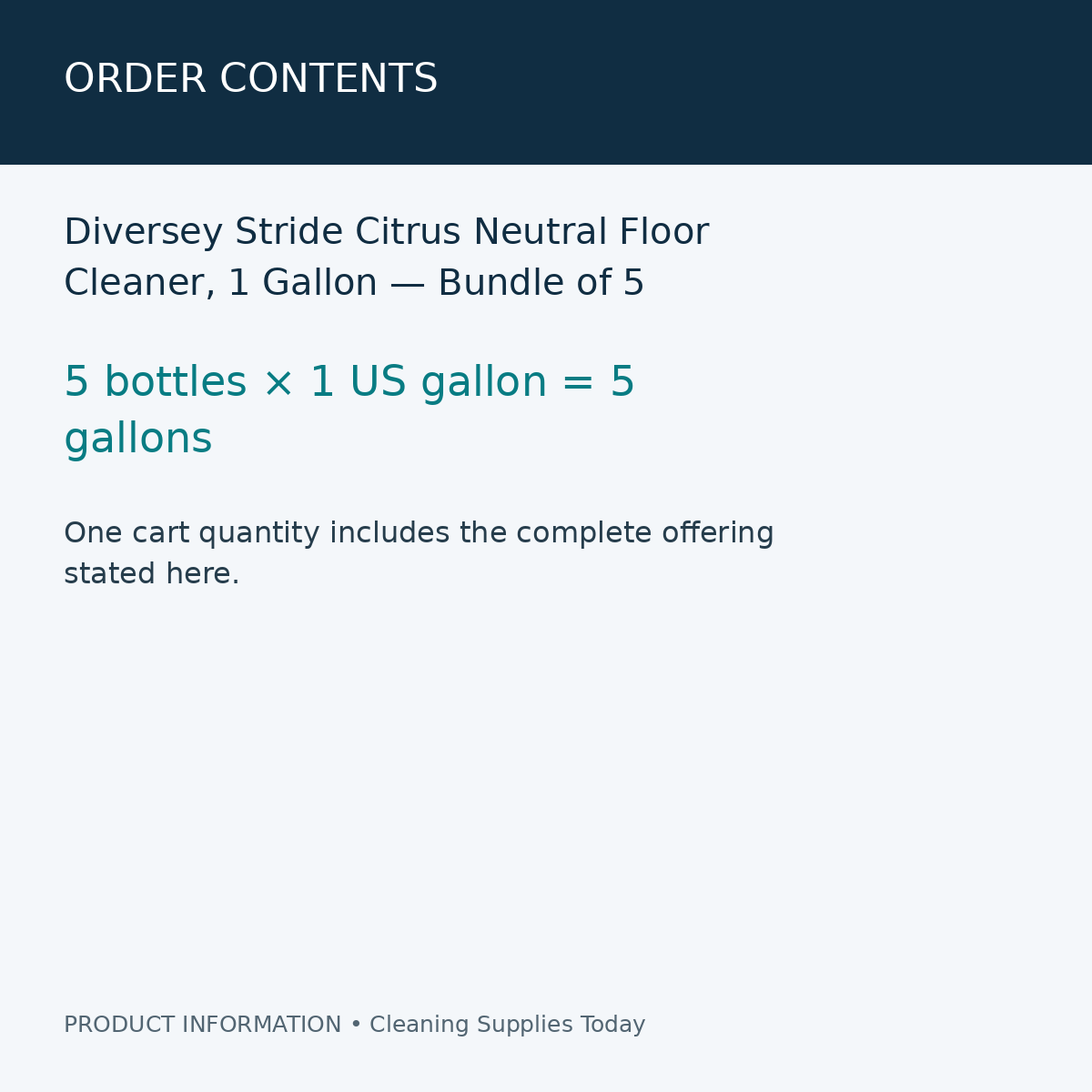 Diversey Stride Citrus Neutral Floor Cleaner, 1 Gallon — Bundle of 5 — order contents information card