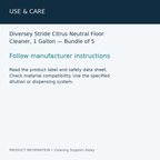 Diversey Stride Citrus Neutral Floor Cleaner, 1 Gallon — Bundle of 5 — use & care information card