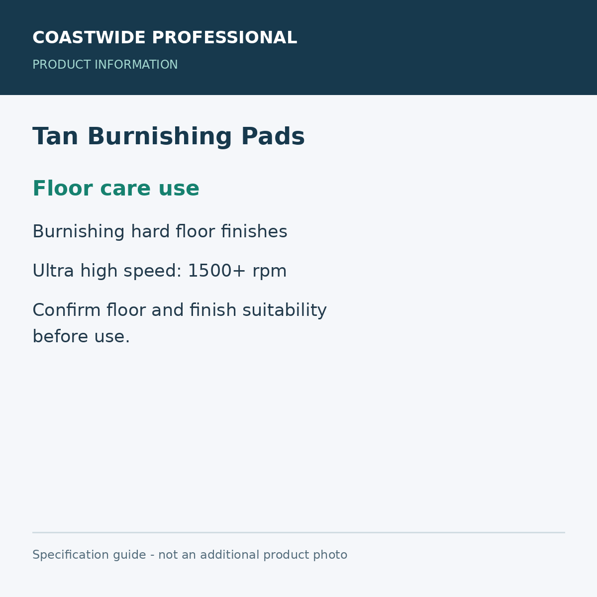 Tan Burnishing Pads - Floor care use; 5 pads / 1 carton; 20-inch diameter; product information graphic