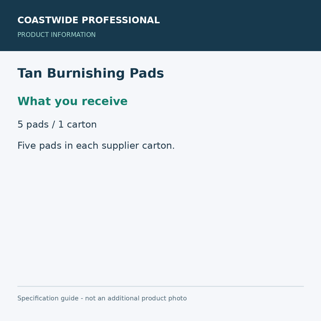 Tan Burnishing Pads - What you receive; 5 pads / 1 carton; 20-inch diameter; product information graphic