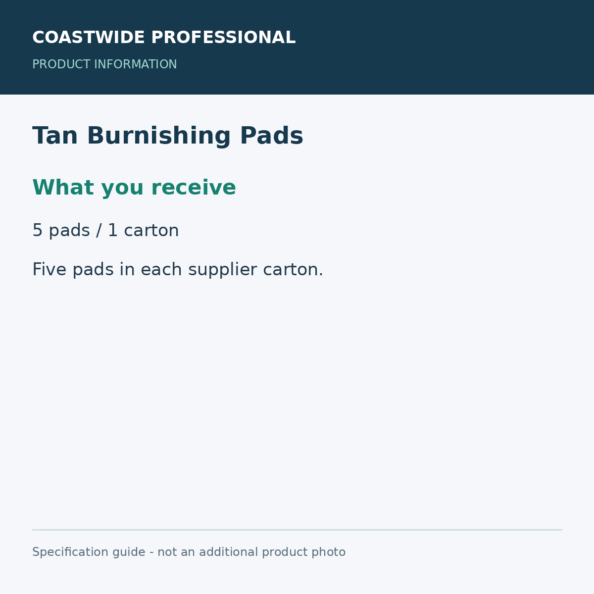 Tan Burnishing Pads - What you receive; 5 pads / 1 carton; 20-inch diameter; product information graphic