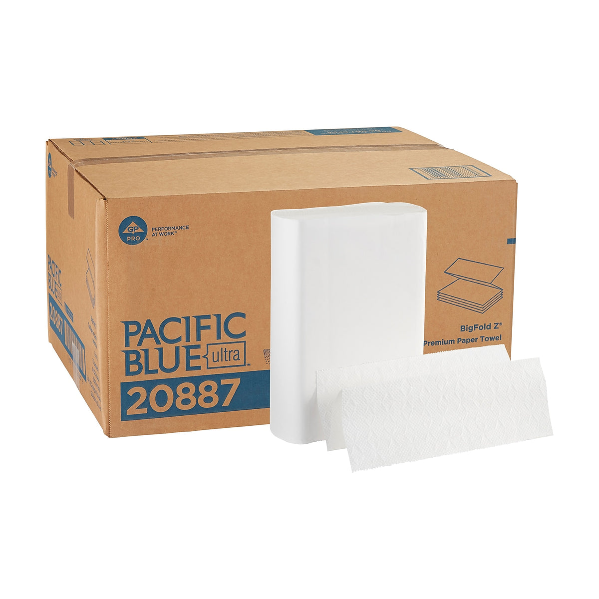 Pacific Blue Ultra 20887 BigFold Z white paper towels and labeled shipping case, ten packs of 220 towels