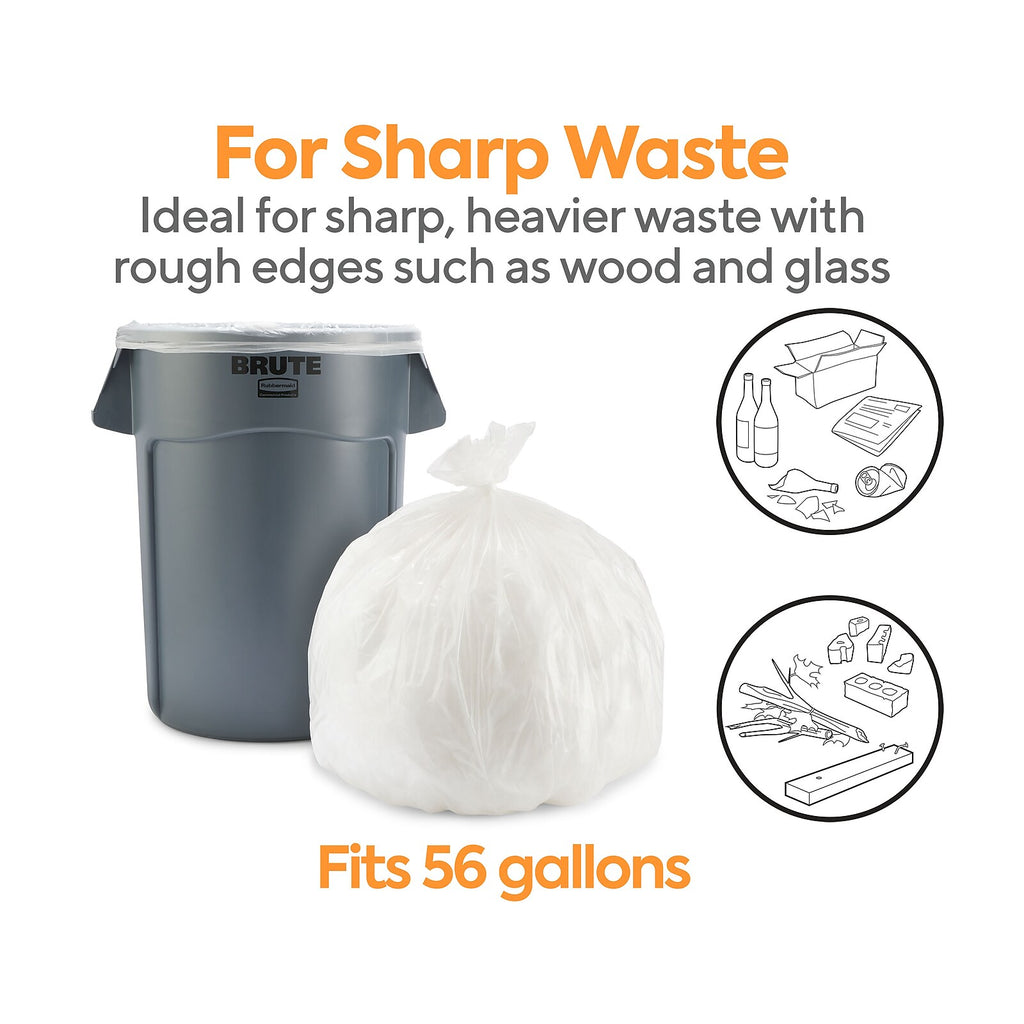 Coastwide Professional 50–56 Gallon Clear Trash Bags, 1.1 Mil, 100/Case – CW57393 — receptacle fit and waste suitability