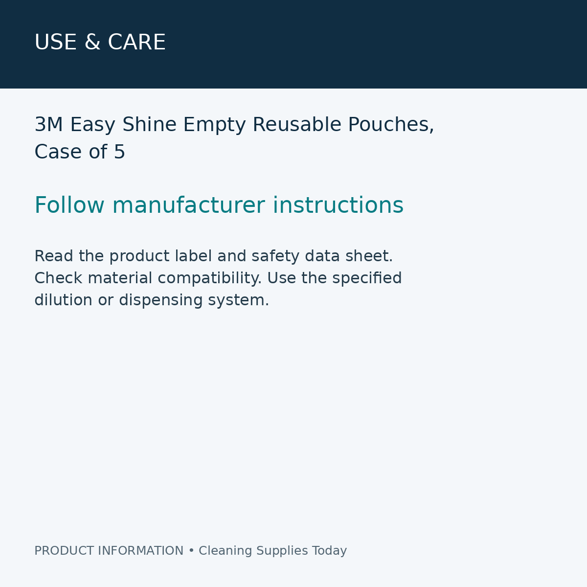 3M Easy Shine Empty Reusable Pouches, Case of 5 — use & care information card