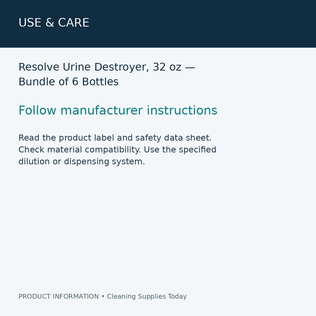 Resolve Urine Destroyer, 32 oz — Bundle of 6 Bottles — use & care information card