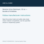 Resolve Urine Destroyer, 32 oz — Bundle of 6 Bottles — use & care information card