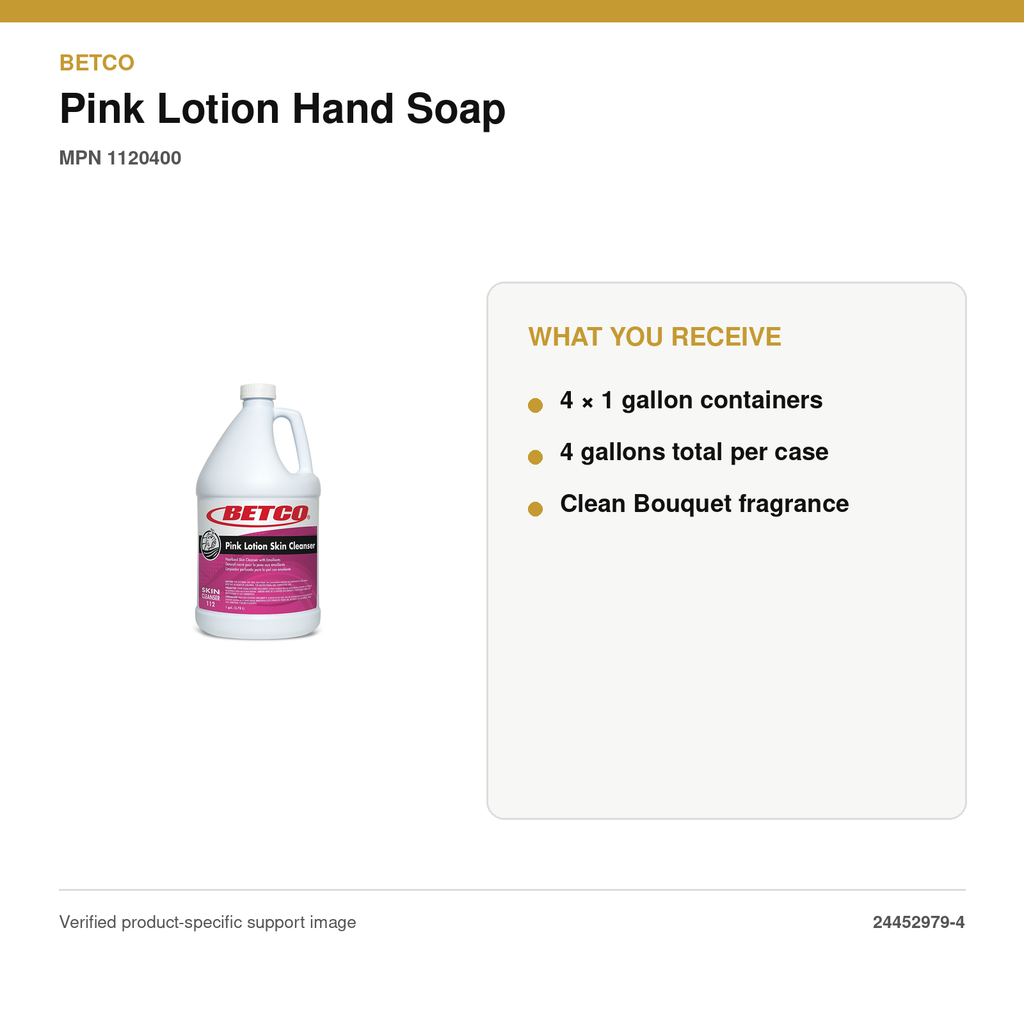 Betco Pink Lotion Hand Soap, Clean Bouquet, 1 Gal, 4/Case – MPN 1120400 – package quantity and what you receive