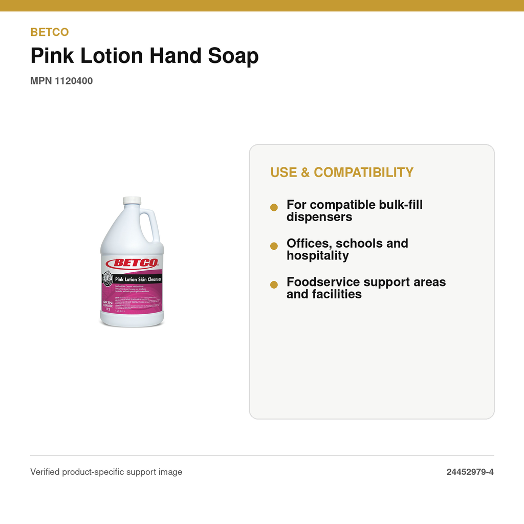 Betco Pink Lotion Hand Soap, Clean Bouquet, 1 Gal, 4/Case – MPN 1120400 – use, specifications and compatibility