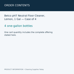 Betco pH7 Neutral Floor Cleaner, Lemon, 1 Gal — Case of 4 — order contents information card