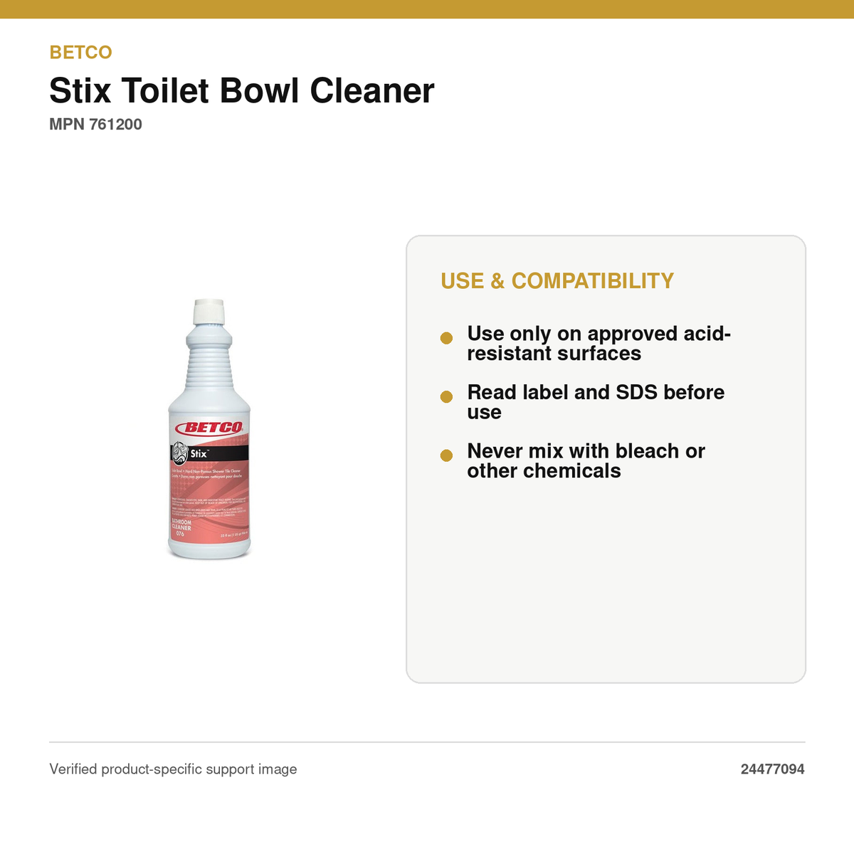 Betco Stix Toilet Bowl Cleaner, 32 oz, 12/Case – MPN 761200 – use, specifications and compatibility