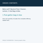 Betco pH7 Neutral Floor Cleaner, Lemon, 5 Gal Bag-in-Box — order contents information card