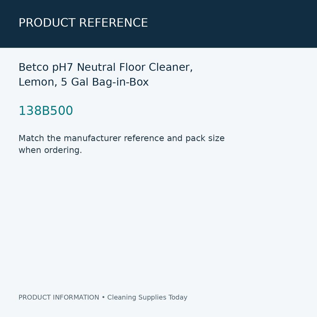 Betco pH7 Neutral Floor Cleaner, Lemon, 5 Gal Bag-in-Box — product reference information card