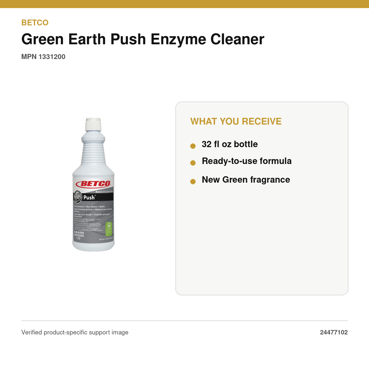 Betco Green Earth Push Enzyme Cleaner, New Green Scent, 32 oz – MPN 1331200 – package quantity and what you receive