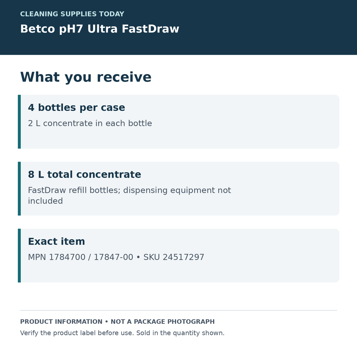 Betco pH7 Ultra — four 2 L bottles per case; product information card