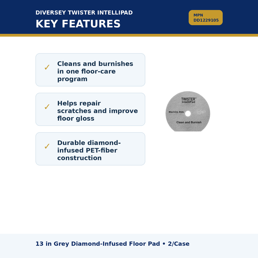 Diversey Twister Intellipad 13 inch grey floor pad key features, MPN DD1229105