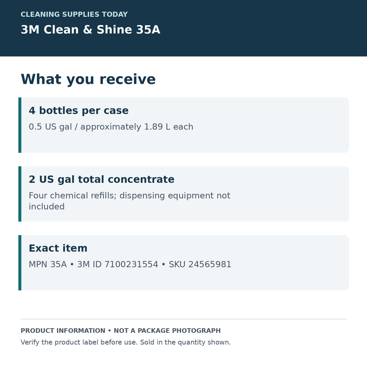 3M 35A — four half-gallon bottles per case; product information card