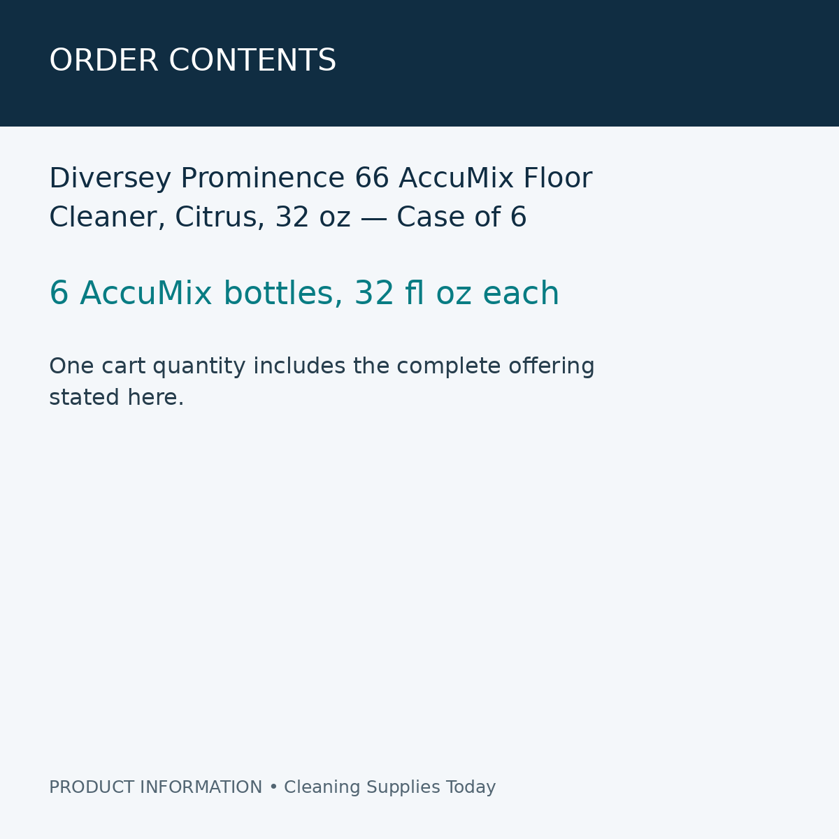 Diversey Prominence 66 AccuMix Floor Cleaner, Citrus, 32 oz — Case of 6 — order contents information card