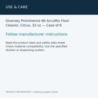 Diversey Prominence 66 AccuMix Floor Cleaner, Citrus, 32 oz — Case of 6 — use & care information card