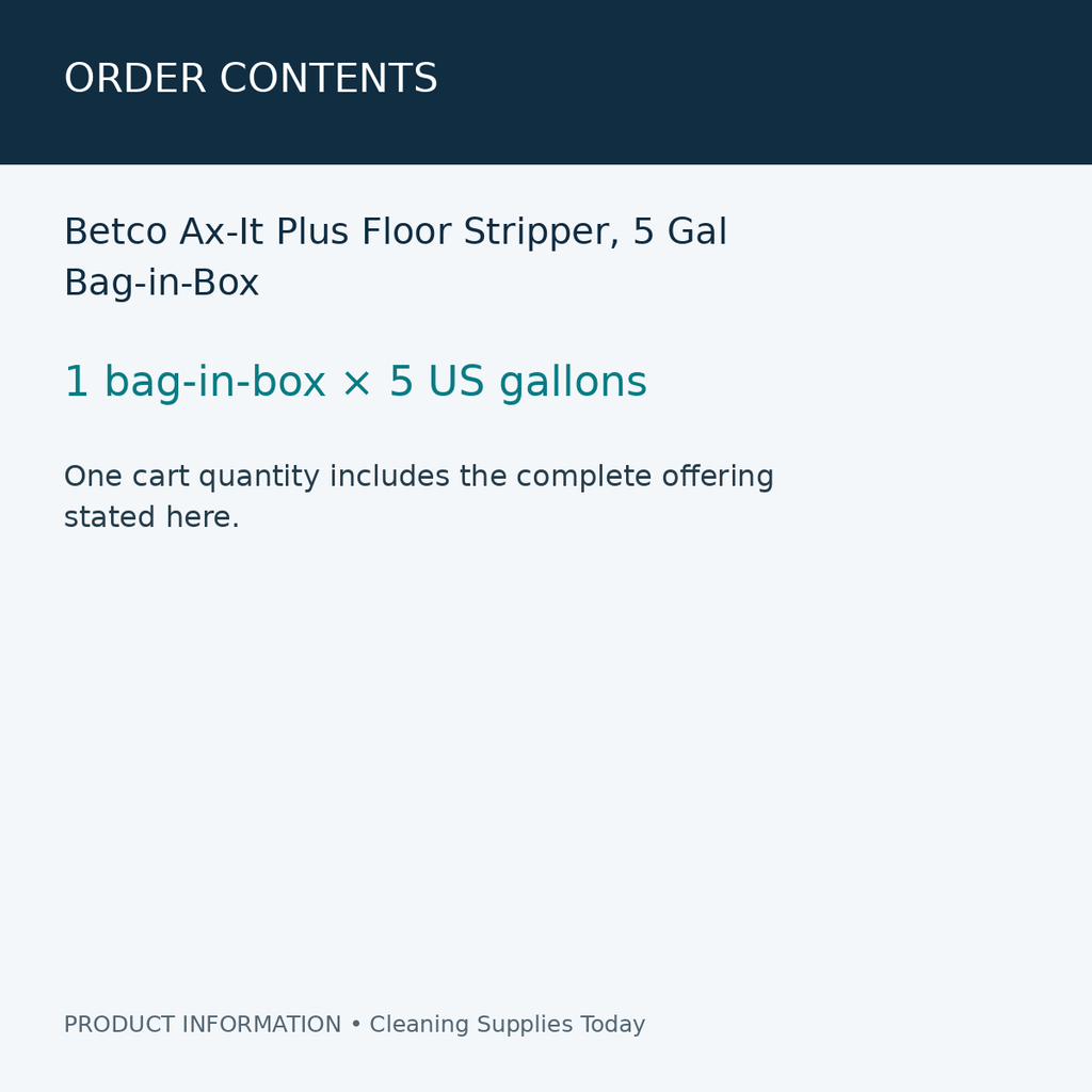 Betco Ax-It Plus Floor Stripper, 5 Gal Bag-in-Box — order contents information card