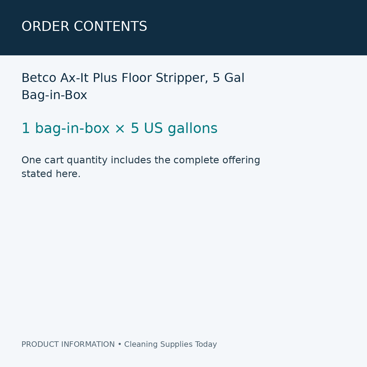 Betco Ax-It Plus Floor Stripper, 5 Gal Bag-in-Box — order contents information card