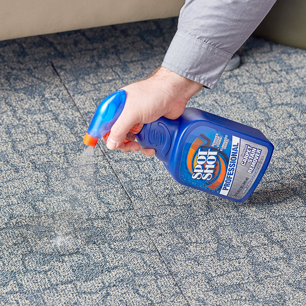 Spot Shot Professional 32 fl oz trigger bottle applied to carpet; one bottle shown, merchant bundle contains nine bottles