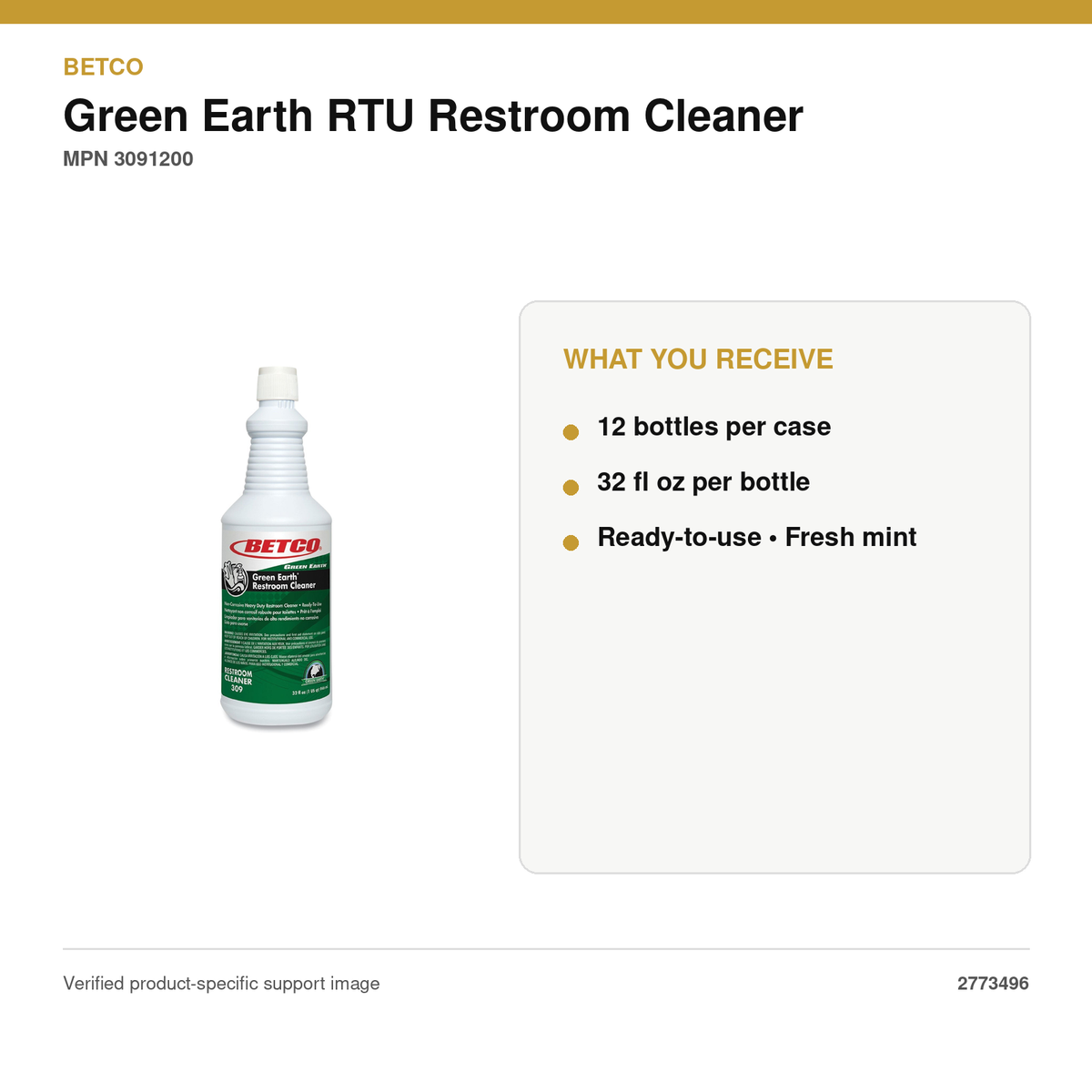 Betco Green Earth RTU Restroom Cleaner, Mint, 32 oz, 12/Case – MPN 3091200 – package quantity and what you receive