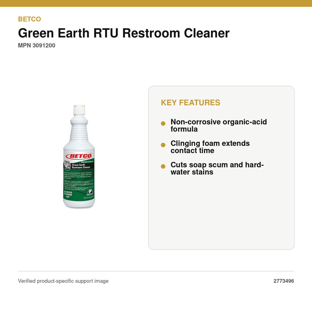 Betco Green Earth RTU Restroom Cleaner, Mint, 32 oz, 12/Case – MPN 3091200 – key features