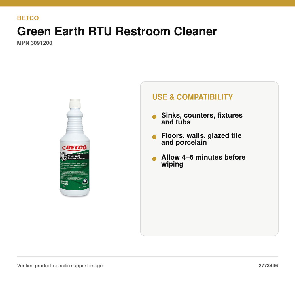 Betco Green Earth RTU Restroom Cleaner, Mint, 32 oz, 12/Case – MPN 3091200 – use, specifications and compatibility