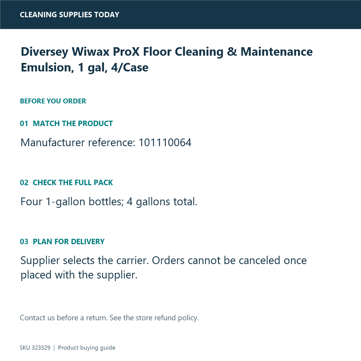 Diversey Wiwax ProX Floor Cleaning & Maintenance Emulsion, 1 gal, 4/Case — pack identification and ordering guide