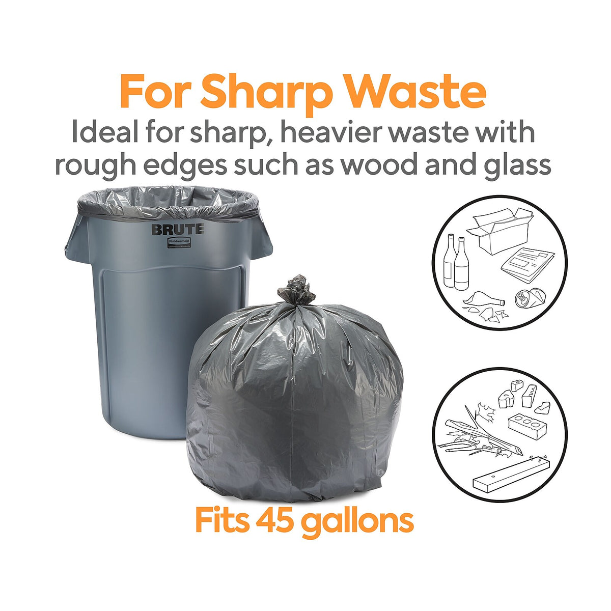 Coastwide Professional 40–45 Gallon Black Trash Bags, 1.5 Mil, 100/Case – CW25532 — receptacle fit and waste suitability