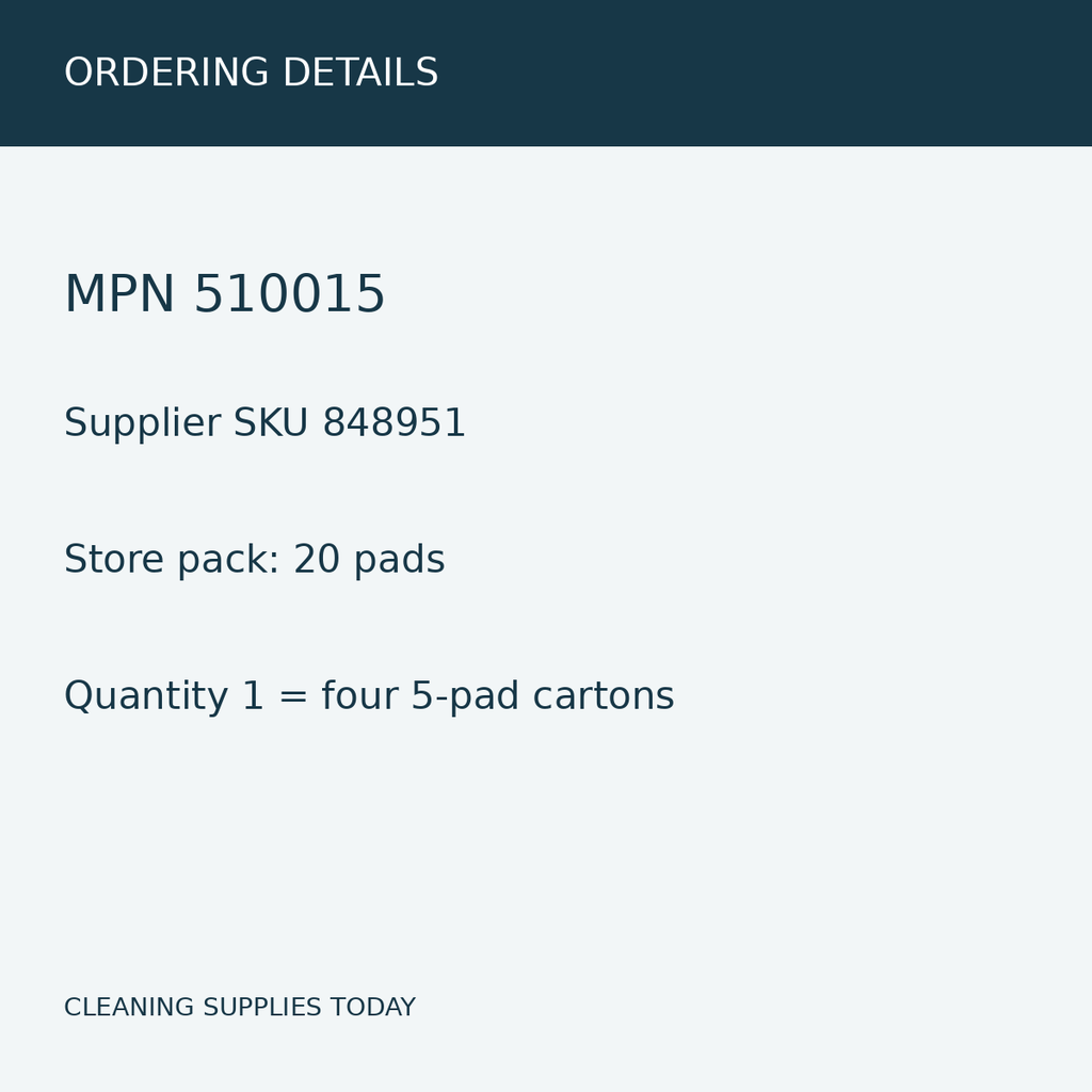 3M 510015, 15-inch red buffing pads, 20 pads in four cartons — order information