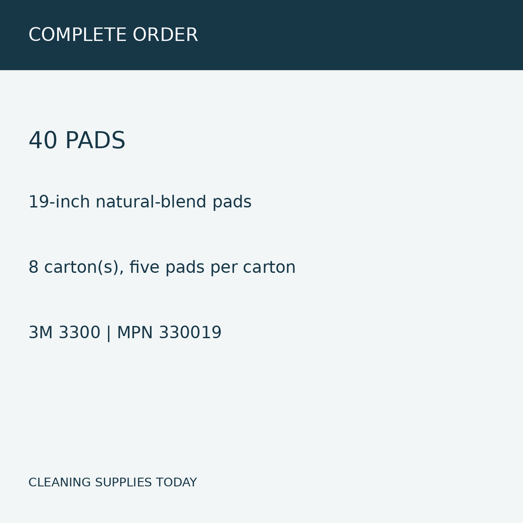 3M 330019, 19-inch natural-blend pads, 40 pads in 8 carton(s) — pack information