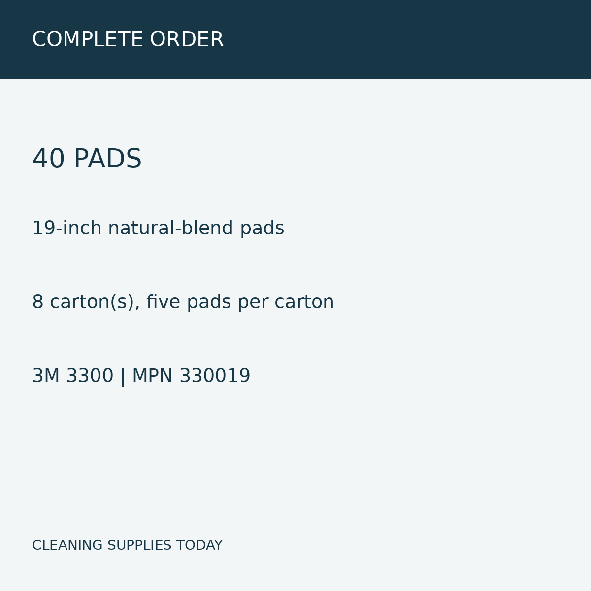 3M 330019, 19-inch natural-blend pads, 40 pads in 8 carton(s) — pack information