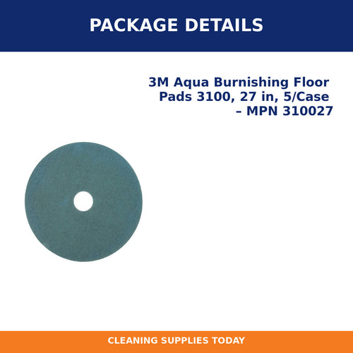 Package details for 3M Aqua Burnishing Floor Pads 3100, 27 in, 5/Case – MPN 310027
