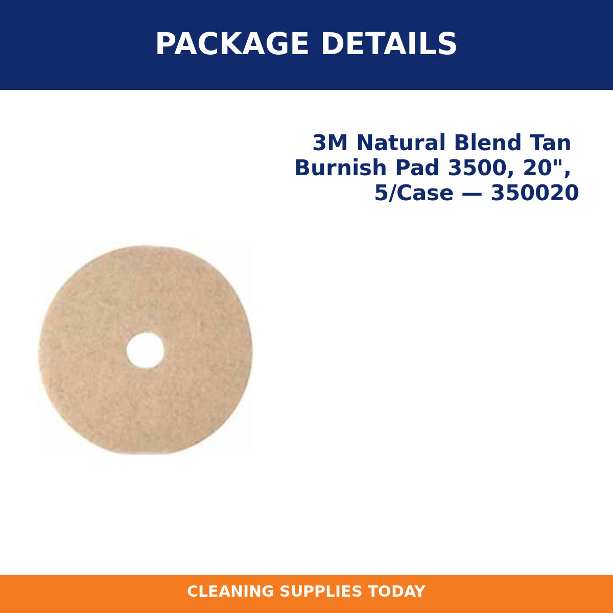 Package details for 3M Natural Blend Tan Burnish Pad 3500, 20", 5/Case — 350020