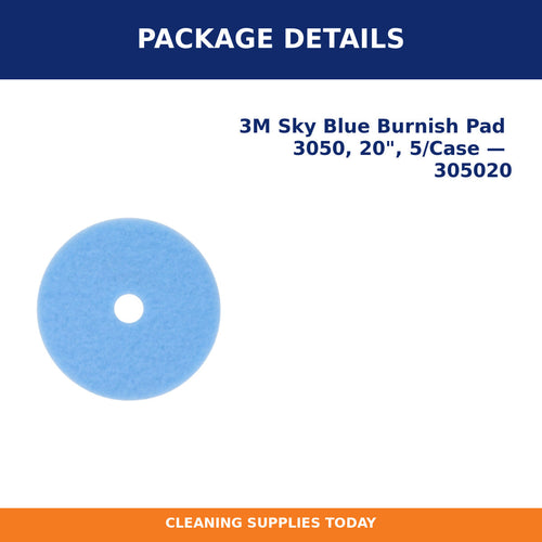 Package details for 3M Sky Blue Burnish Pad 3050, 20", 5/Case — 305020