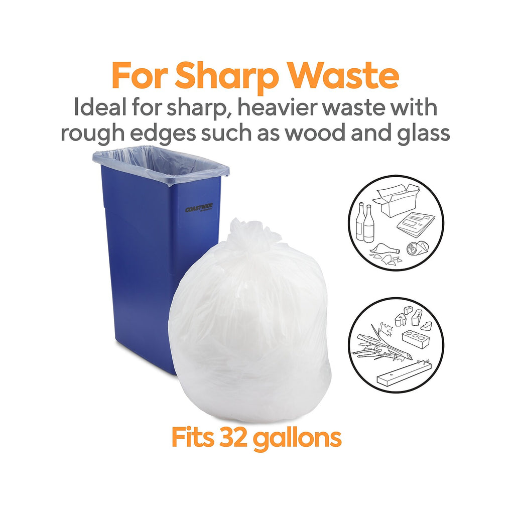 Coastwide Professional 32 Gallon Clear Trash Bags, 0.9 mil, 100/Case – CW57401 — receptacle fit and waste suitability