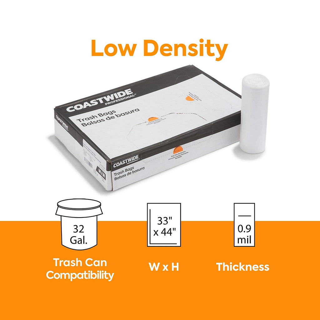 Coastwide Professional 32 Gallon Clear Trash Bags, 0.9 mil, 100/Case – CW57401 — dimensions and thickness