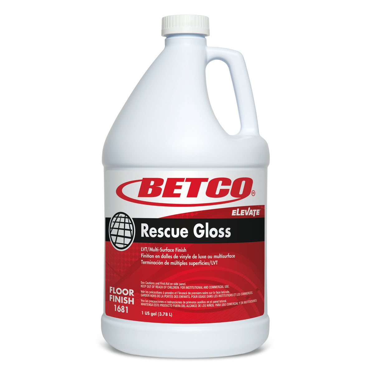 Betco Rescue Gloss Multi-Surface Floor Finish, 1 Gal, 4/Case – 168104-00 — product photo; selling quantity as stated in title