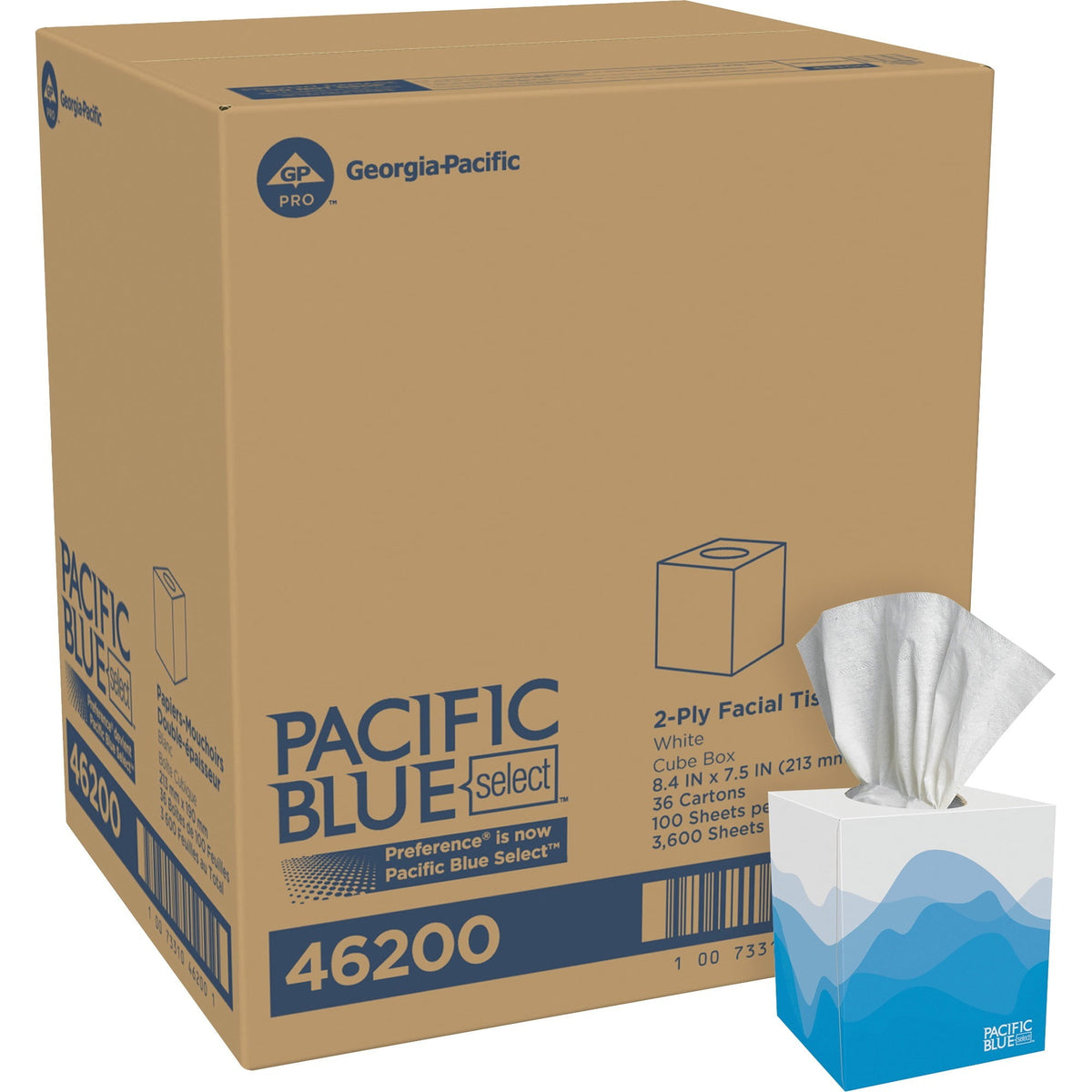Pacific Blue Select 46200 cube facial tissue case and box