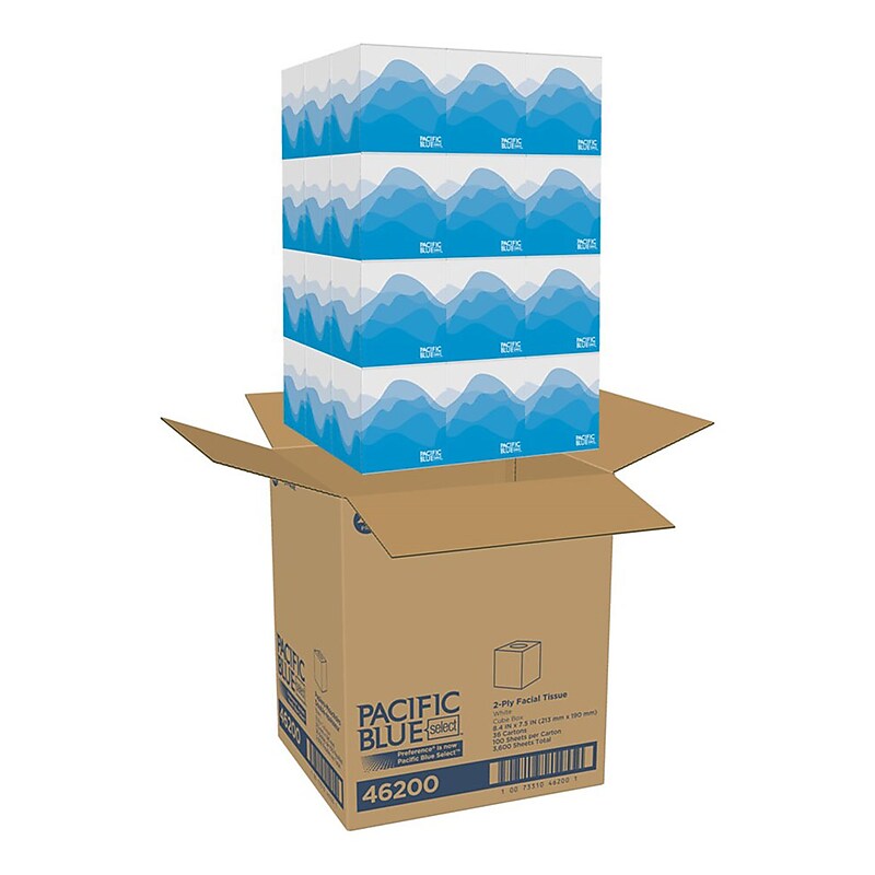 Pacific Blue Select 46200 open case with cube facial tissue boxes