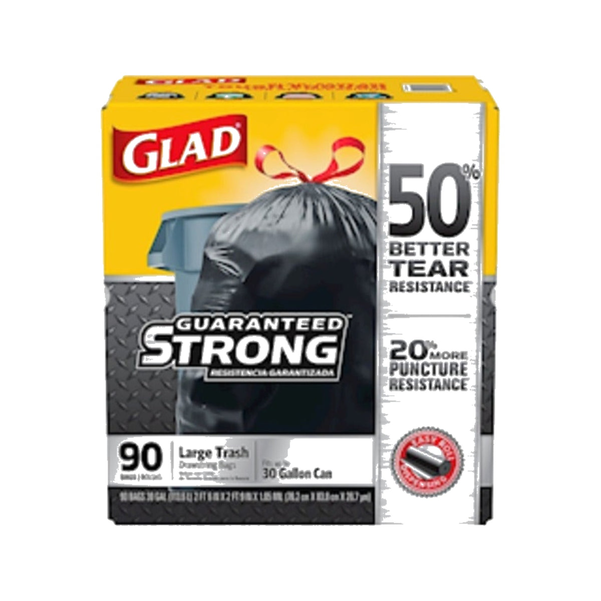 Glad Extra-Strong Drawstring Trash Bags, 30 Gallon, Black, 90/Case – MPN 78952 product on white background