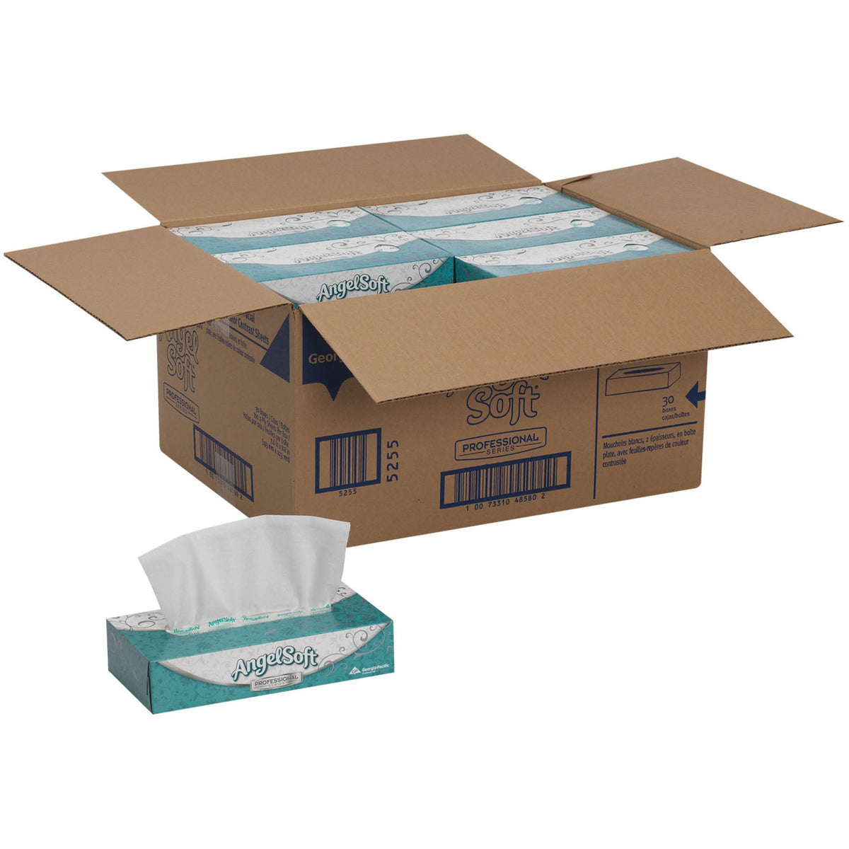 Angel Soft Professional 48580 open case with facial tissue boxes