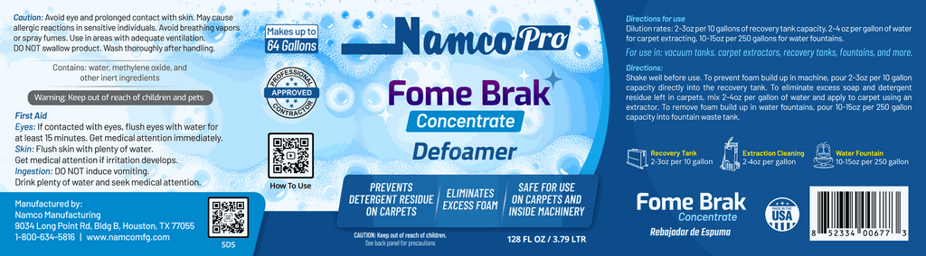 Namco Fome-Brak 2008 original gallon bottle label, dilution directions and precautions