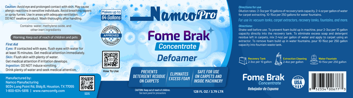 Namco Fome-Brak 2008 original gallon bottle label, dilution directions and precautions