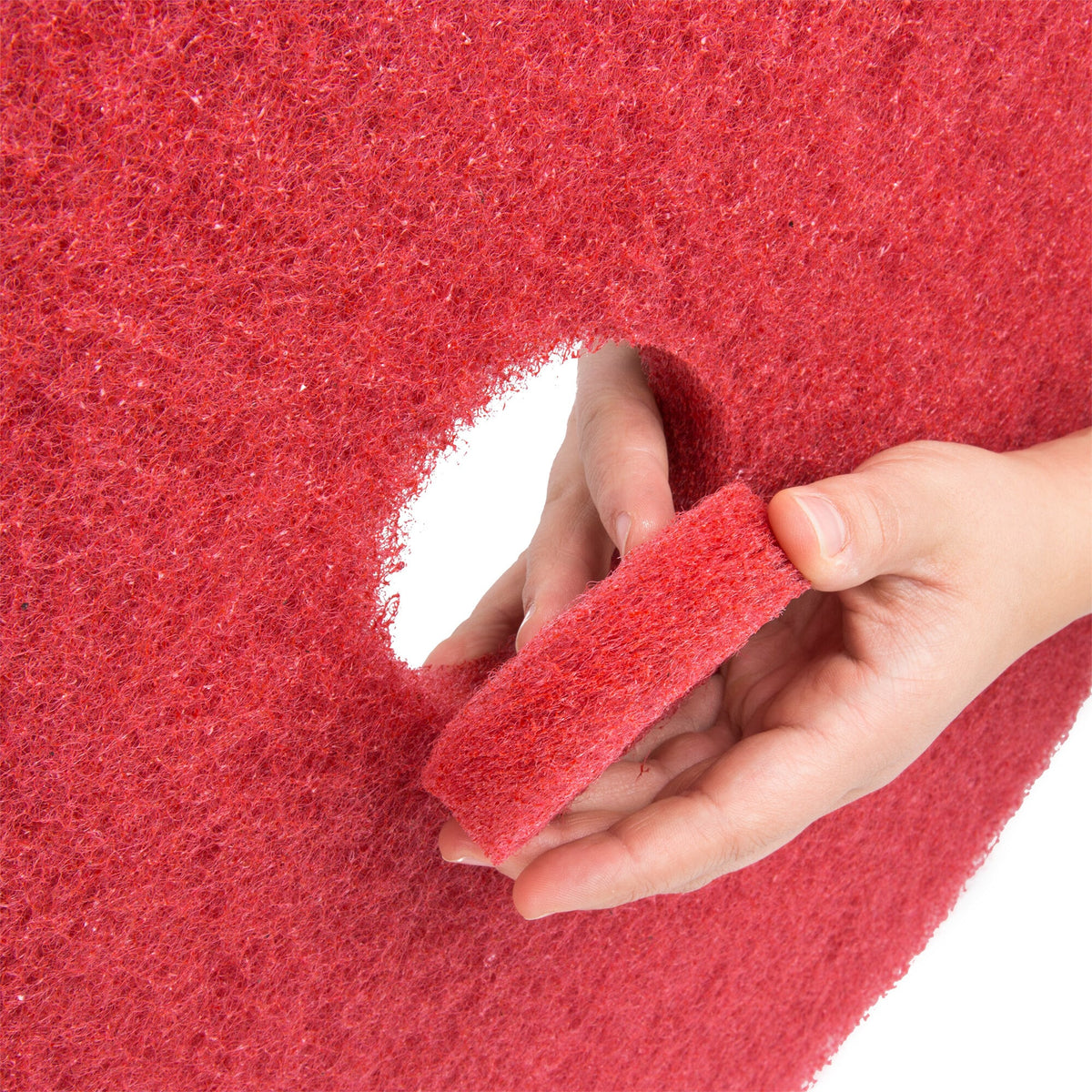 3M Red Buffer Pad 5100, 13 inch, 5/Case — close view of pad fiber construction and center opening; representative product detail