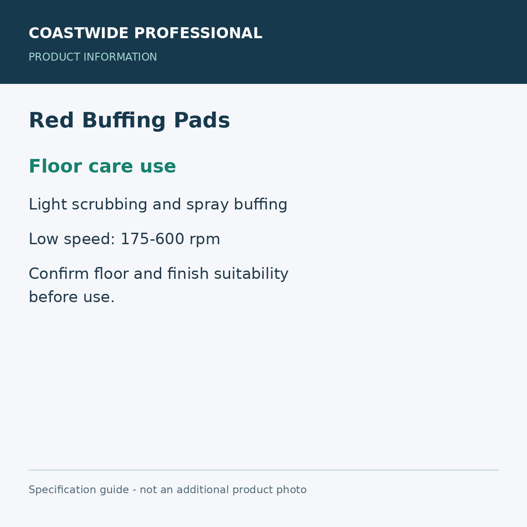 Red Buffing Pads - Floor care use; 10 pads / 2 cartons; 17-inch diameter; product information graphic